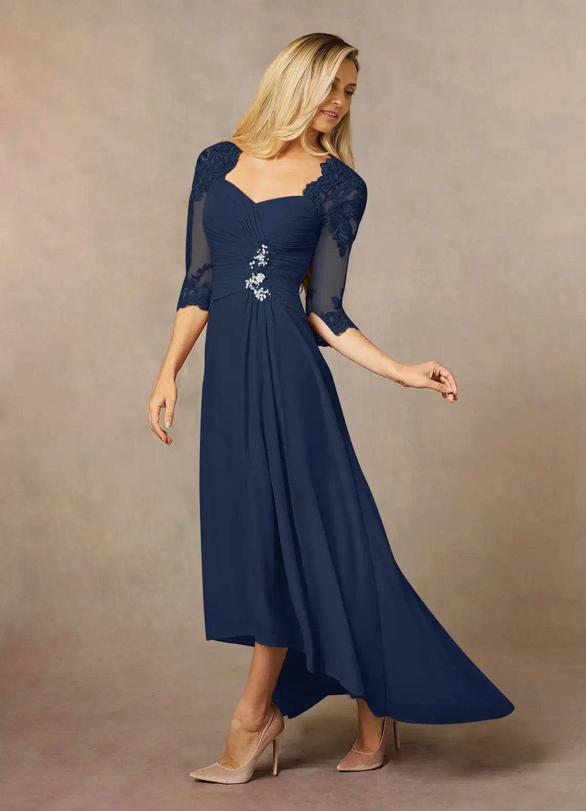 Weitese Dress Classic Dark Navy Sheath Sweetheart Sequins Lace Dress Asymmetrical-Length Three-Quarter Sleeve Illusion Back Two-Piece Mother of the Bride Dress