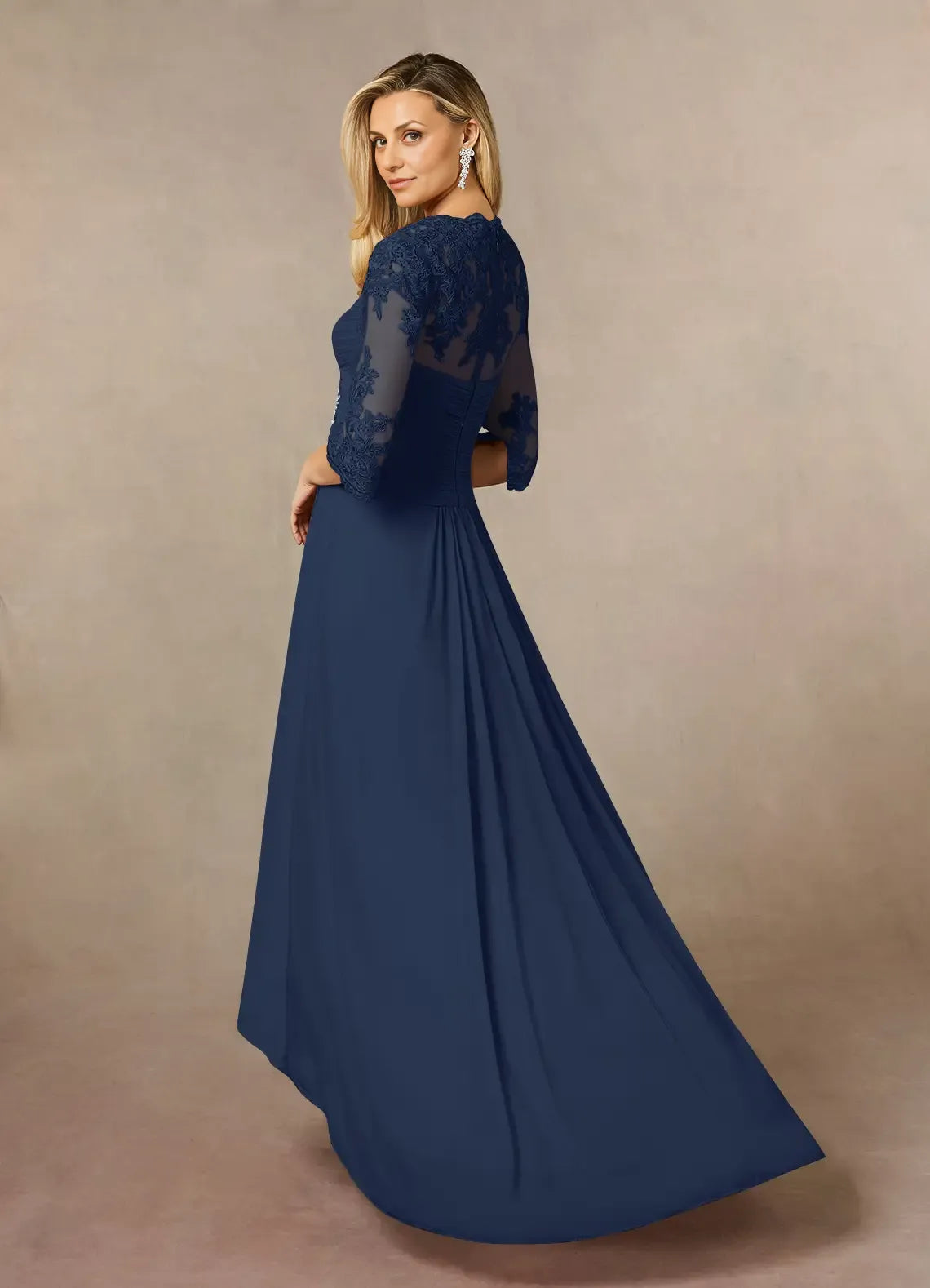 Weitese Dress Classic Dark Navy Sheath Sweetheart Sequins Lace Dress Asymmetrical-Length Three-Quarter Sleeve Illusion Back Two-Piece Mother of the Bride Dress