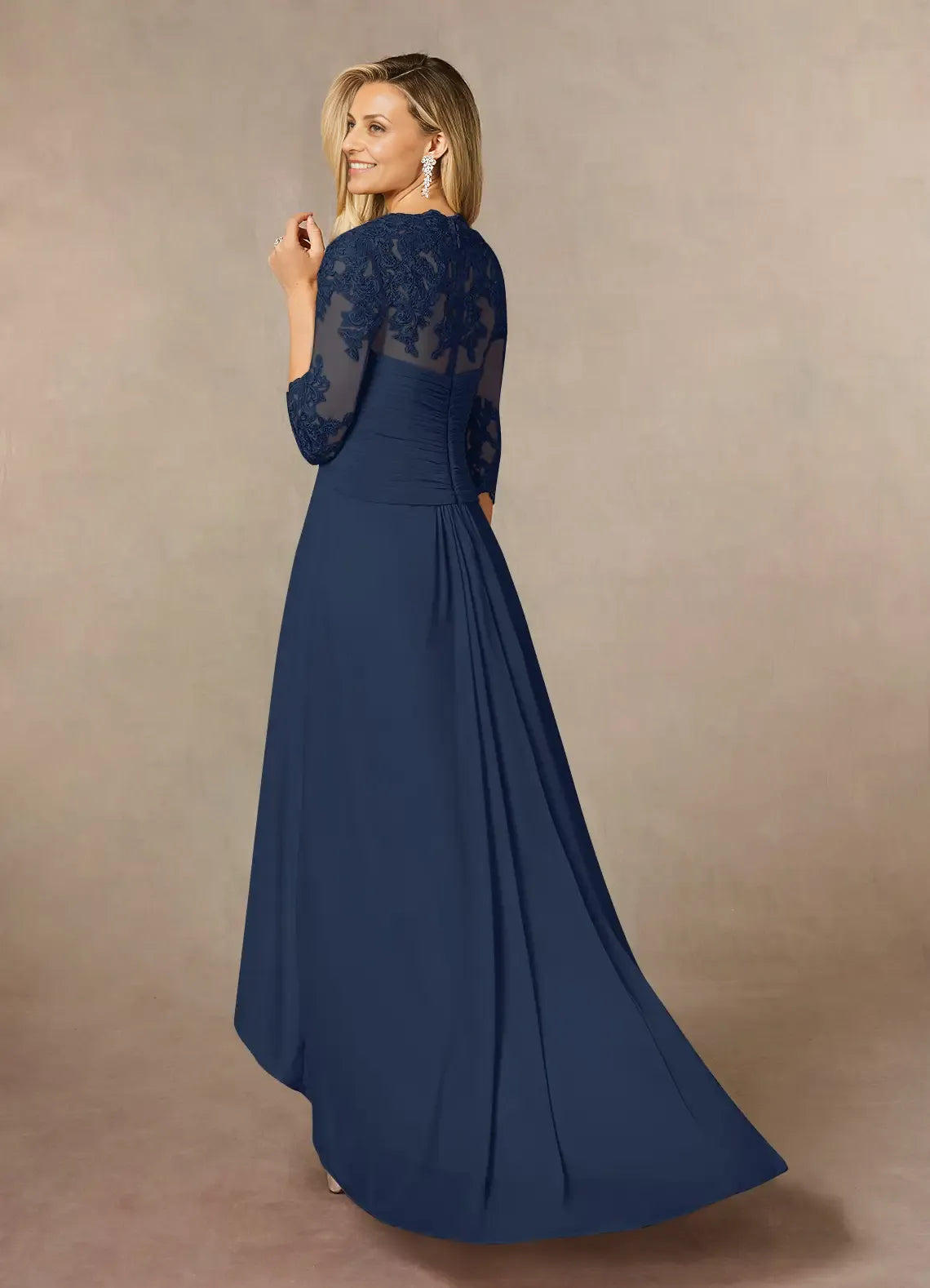 Weitese Dress Classic Dark Navy Sheath Sweetheart Sequins Lace Dress Asymmetrical-Length Three-Quarter Sleeve Illusion Back Two-Piece Mother of the Bride Dress