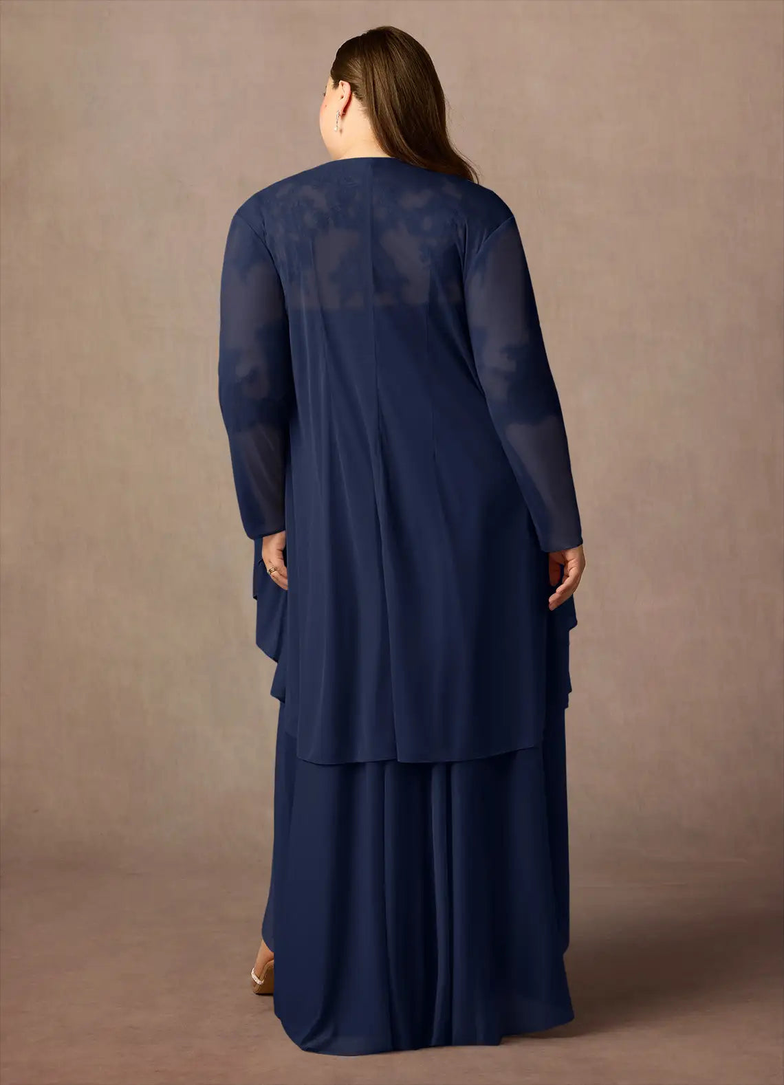 Robe fourreau classique bleu marine foncé, robe en dentelle à paillettes, décolleté en cœur, longueur asymétrique, manches trois-quarts, dos illusion, deux pièces, grande taille, pour mère de la mariée 