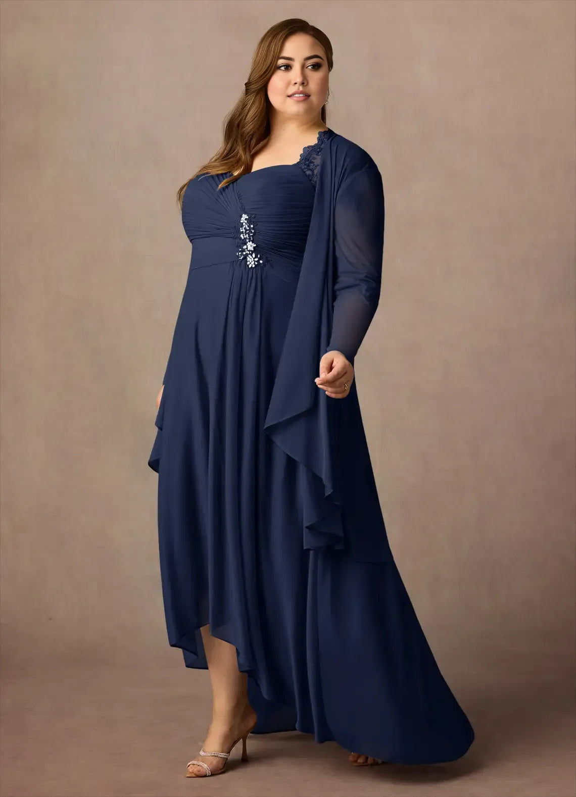 Robe fourreau classique bleu marine foncé, robe en dentelle à paillettes, décolleté en cœur, longueur asymétrique, manches trois-quarts, dos illusion, deux pièces, grande taille, pour mère de la mariée 