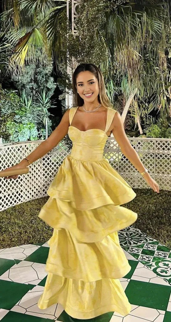 Weitese Formal Women's Dresses Pastel Yellow Ruffle Tiered A-Line Long Party Prom Dress Prom Dresses Stores