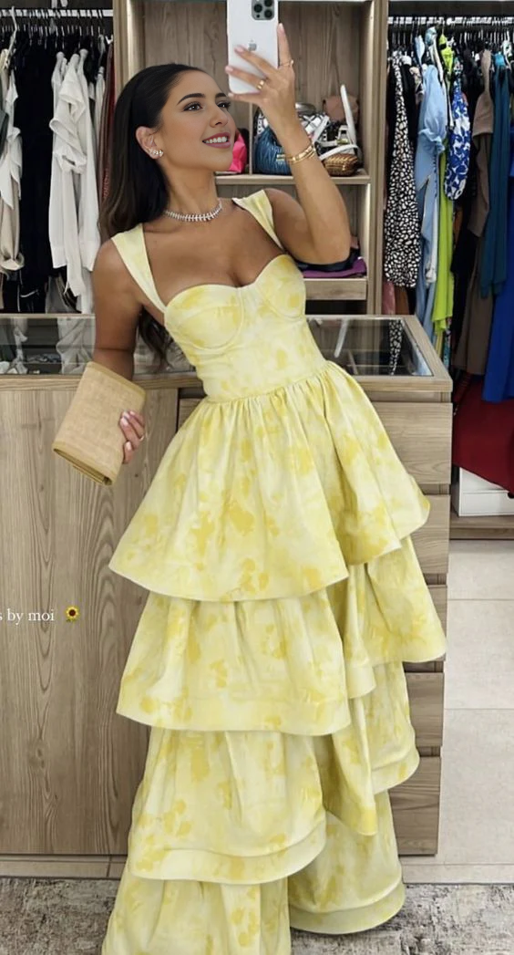 Weitese Formal Women's Dresses Pastel Yellow Ruffle Tiered A-Line Long Party Prom Dress Prom Dresses Stores