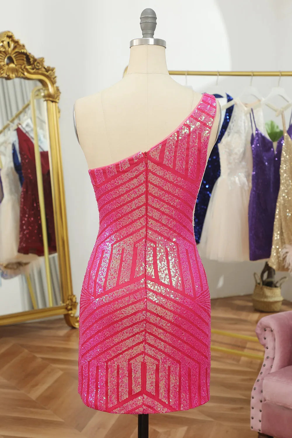 Tienda de vestidos de fiesta Weitese, vestido de fiesta corto ajustado con lentejuelas y un hombro fucsia, vestidos formales para mujer 