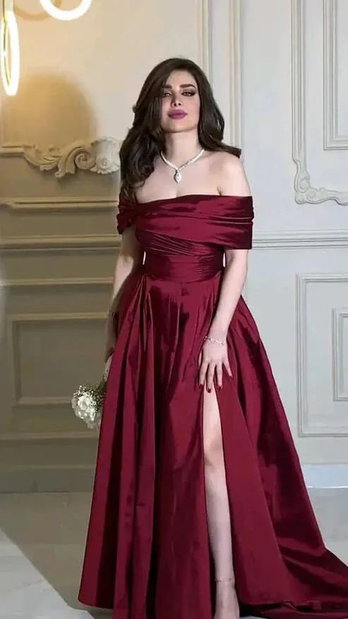 Timeless A-Line Off Shoulder Short Sleeve Satin Maxi Prom Dress