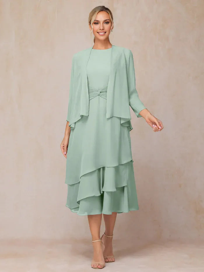 Trendy 2 Pieces High-neck Long Sleeve Chiffon Tea-Length Mother of the Bride Dress