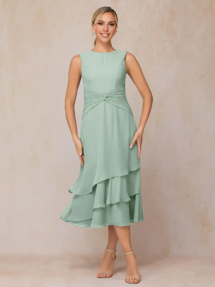 Trendy 2 Pieces High-neck Long Sleeve Chiffon Tea-Length Mother of the Bride Dress