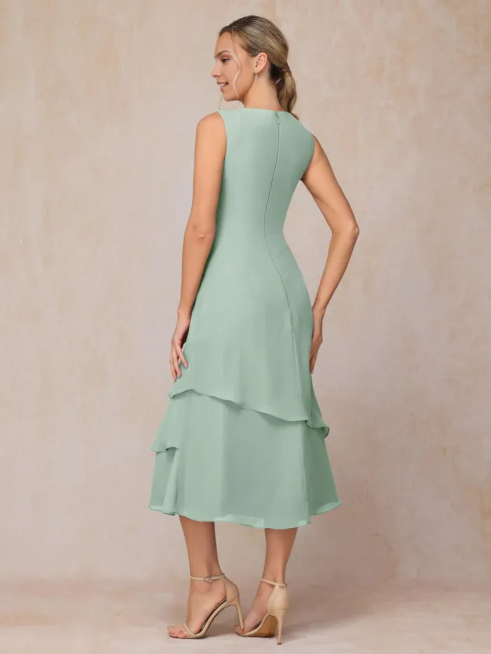 Trendy 2 Pieces High-neck Long Sleeve Chiffon Tea-Length Mother of the Bride Dress