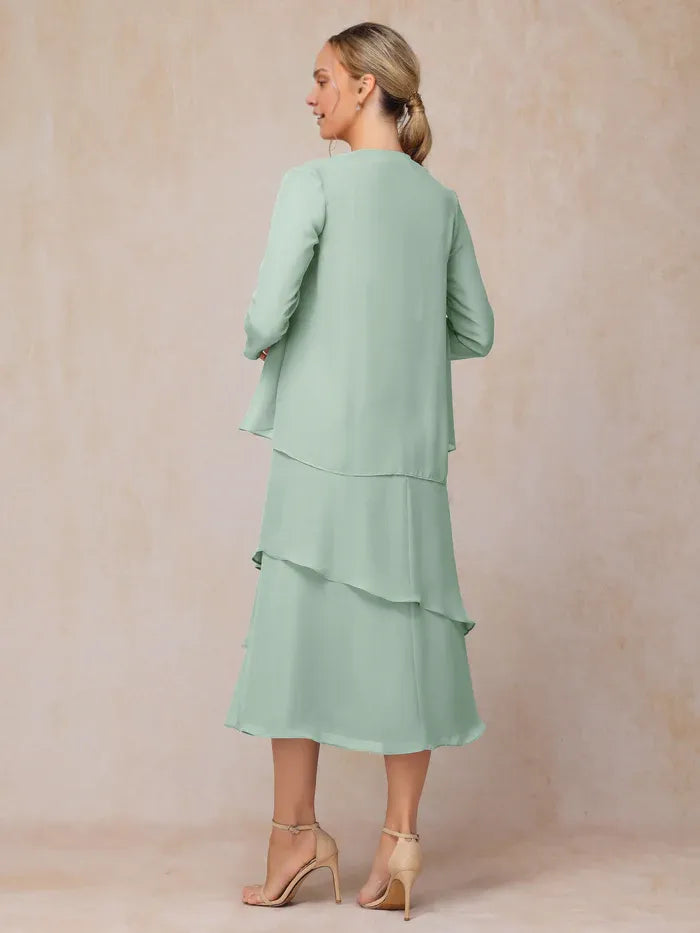 Trendy 2 Pieces High-neck Long Sleeve Chiffon Tea-Length Mother of the Bride Dress