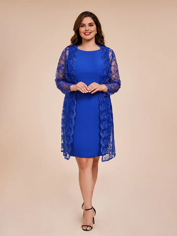 Trendy 2 Pieces Scoop-Neck Long Sleeves Lace Knee Length Plus Size Mother of the Bride Dress