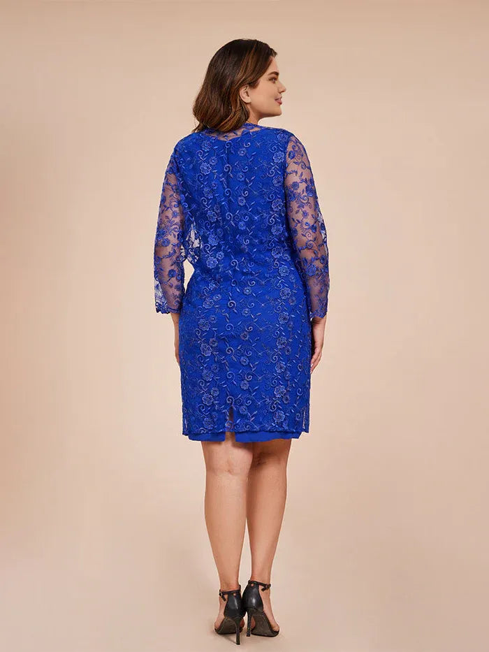 Trendy 2 Pieces Scoop-Neck Long Sleeves Lace Knee Length Plus Size Mother of the Bride Dress