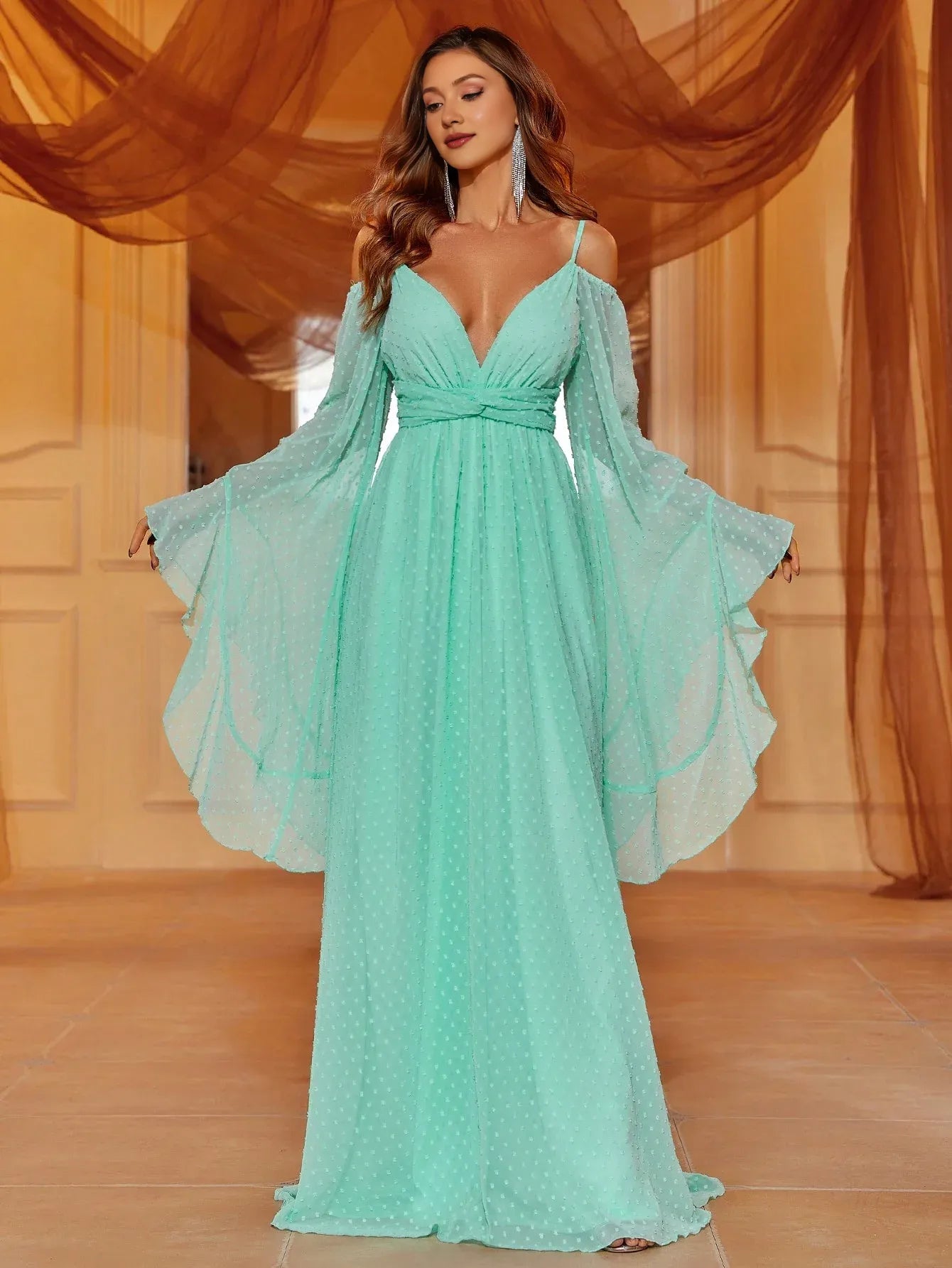 Trendy A-Line Cold Shoulder Bell Sleeve V Back Floor-Length Prom Dress