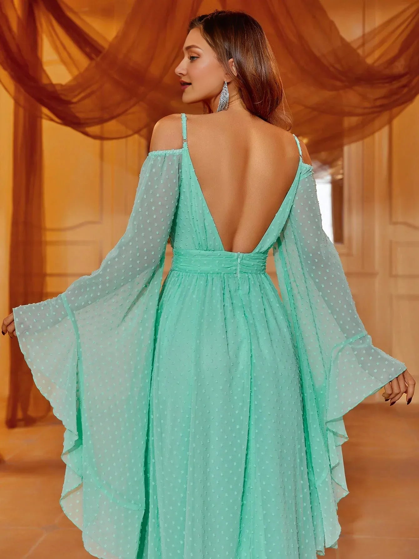 Trendy A-Line Cold Shoulder Bell Sleeve V Back Floor-Length Prom Dress