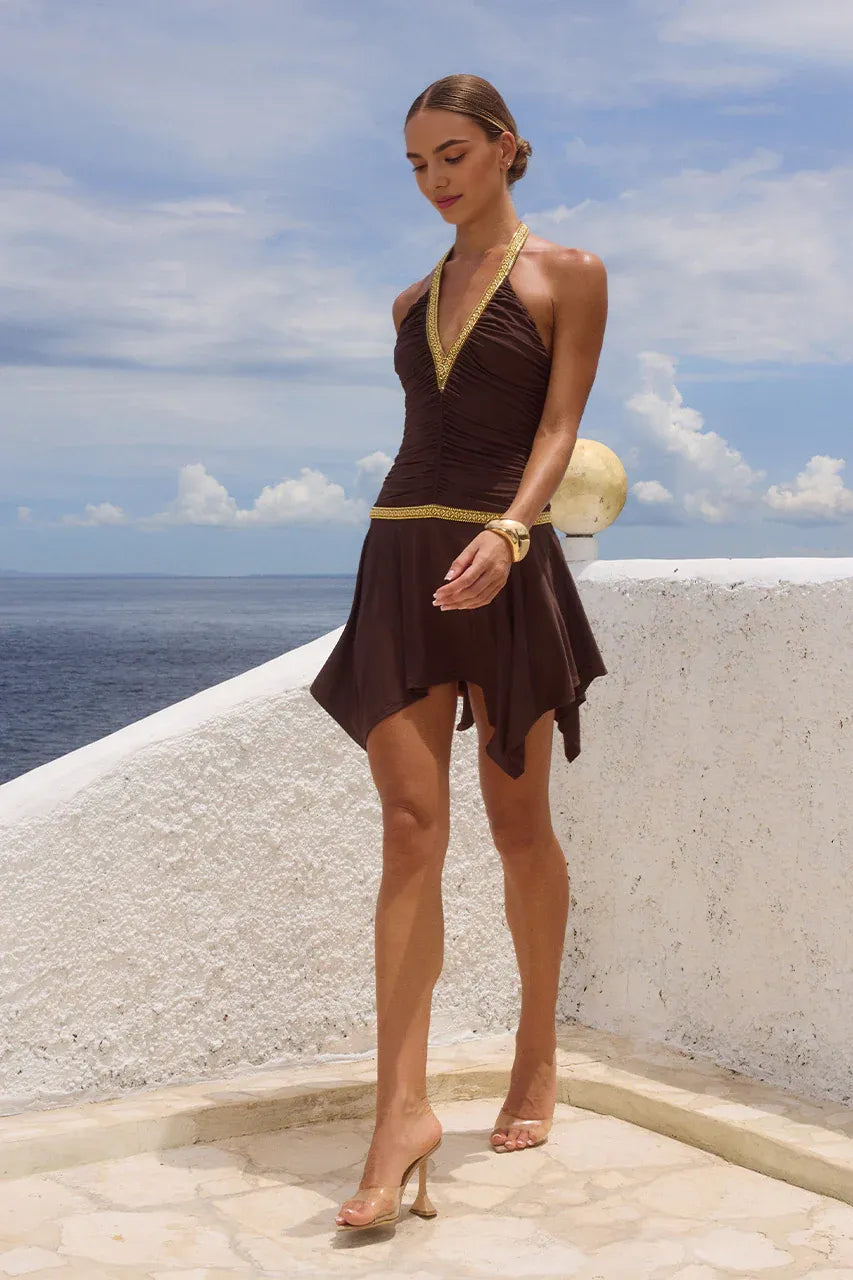 Trendy A-Line Halter Neck Sleeveless Ruched Short-Mini Homecoming Dress