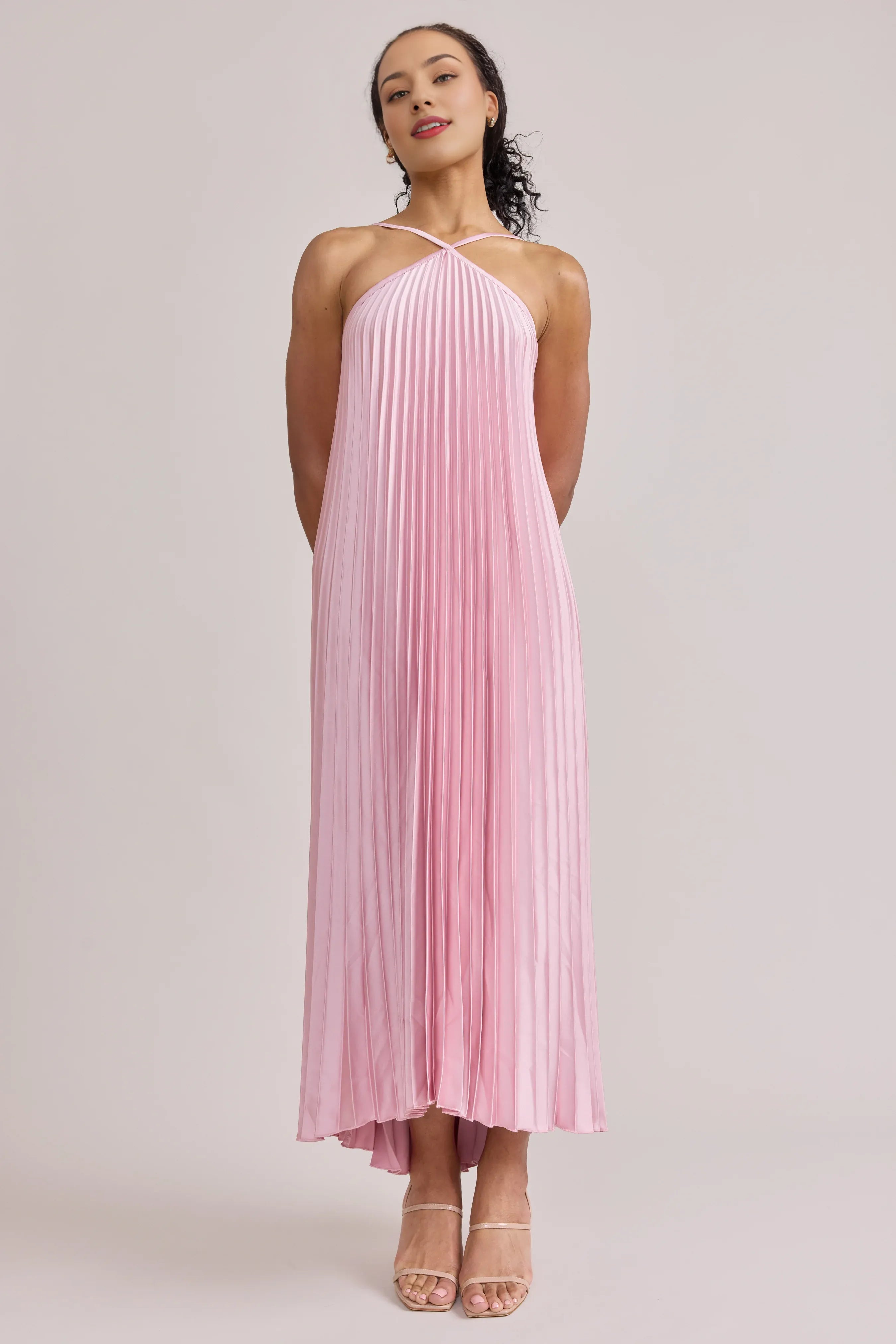 Trendy A-Line Halter Neck Sleeveless Satin Floor-Length Prom Dress