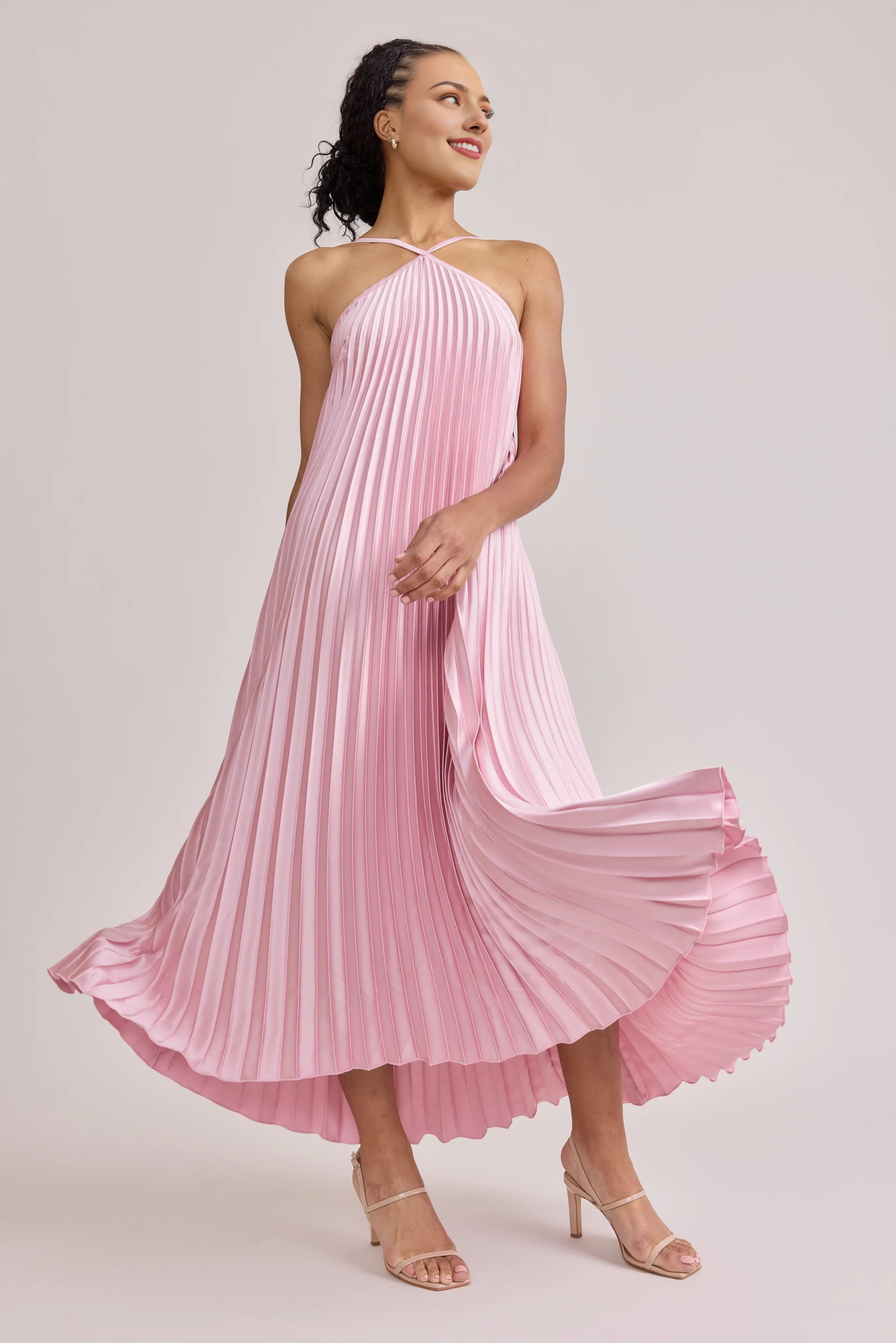 Trendy A-Line Halter Neck Sleeveless Satin Floor-Length Prom Dress