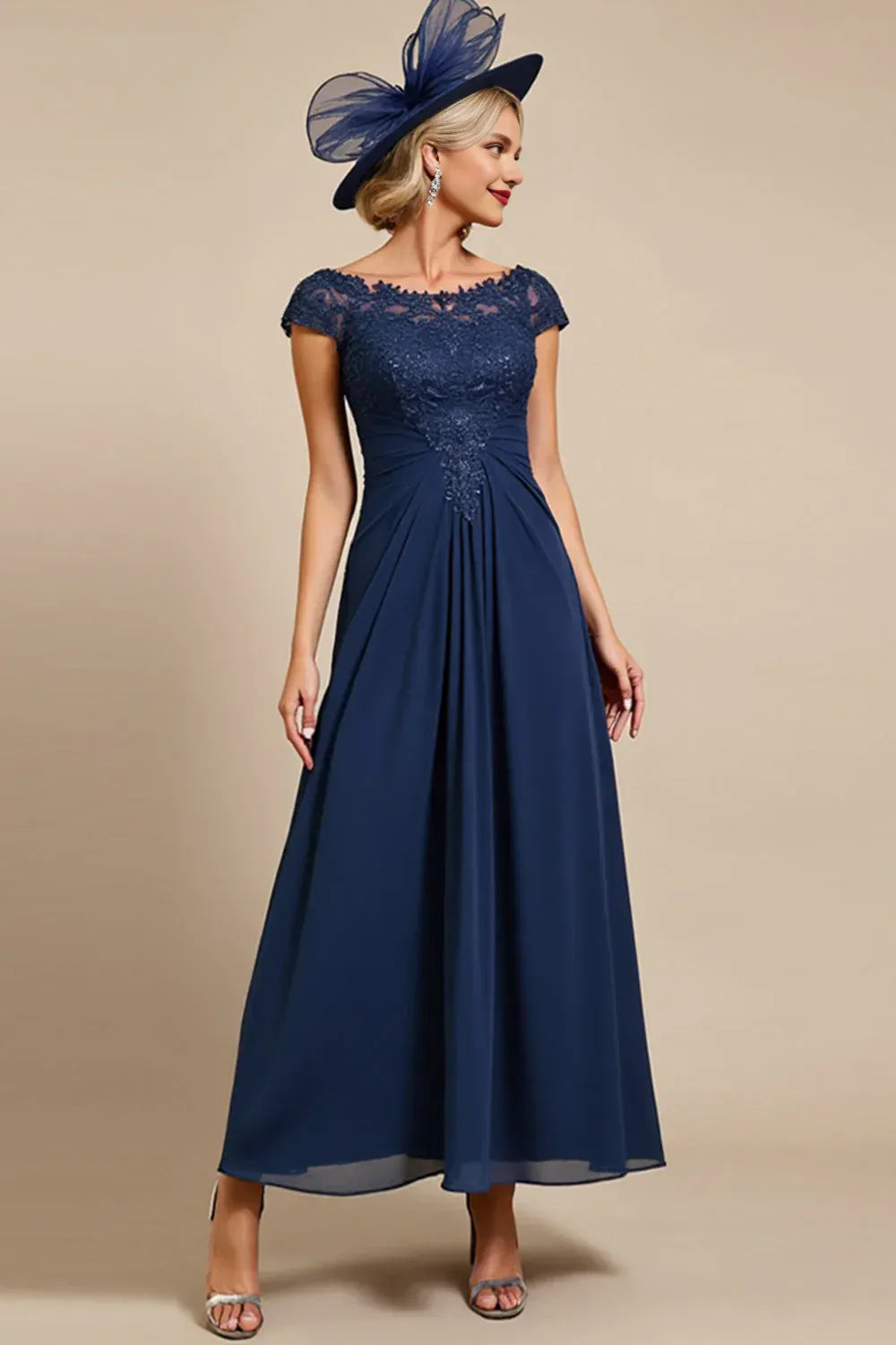 Trendy A-Line Jewel Neck Cap Sleeve Chiffon Appliques Ankle-Length Mother of the Bride Dress