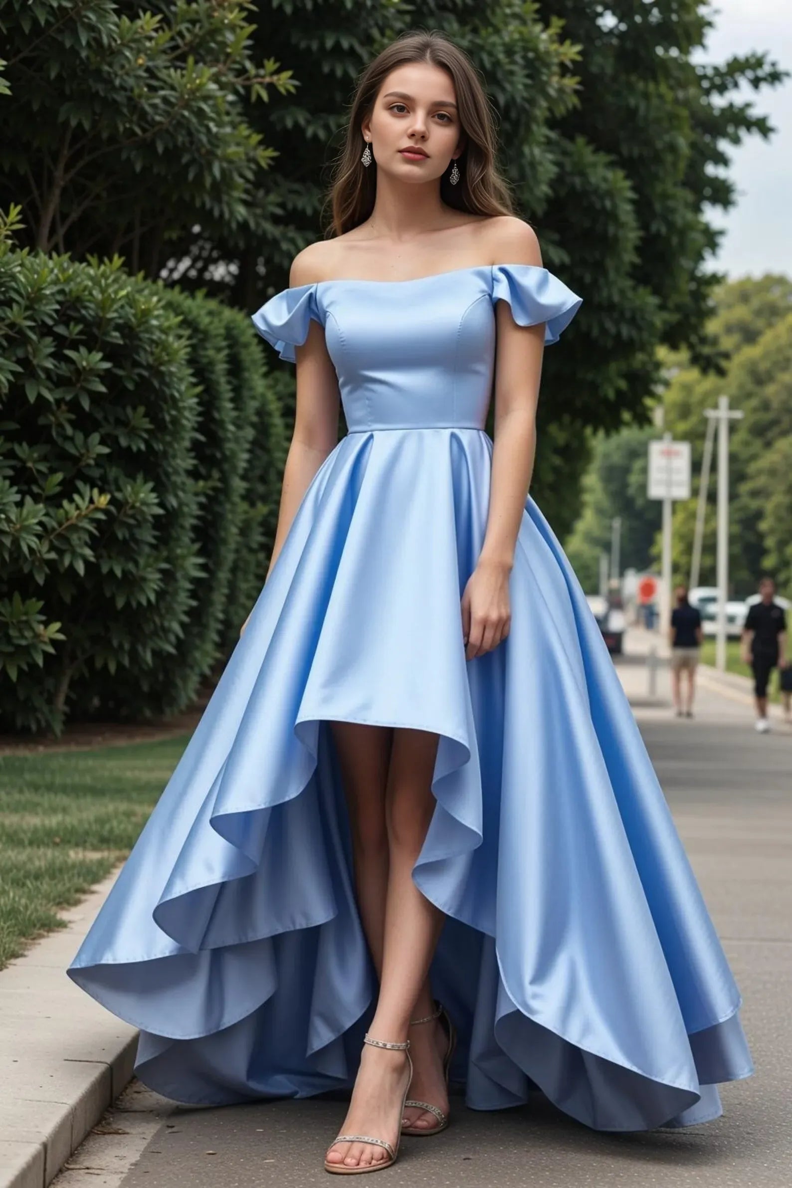 Trendy A-Line Off Shoulder Sleeveless Lace Up Satin Floor-Length Prom Dress