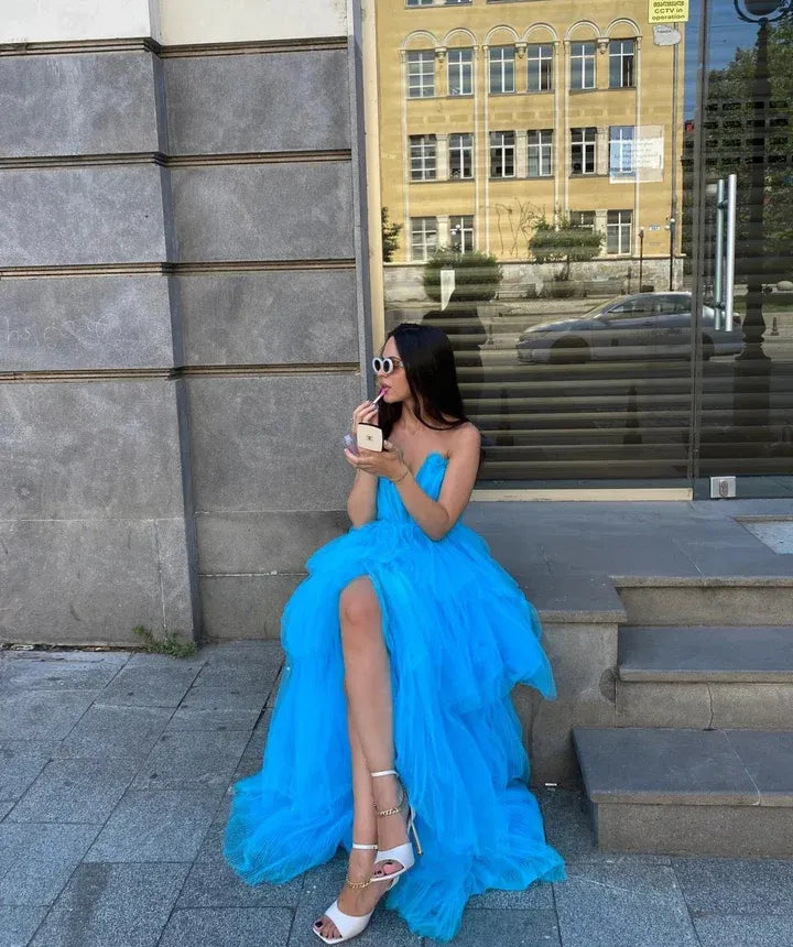Trendy A-Line Off the Shoulder Sleeveless Tulle Floor-Length Prom Dress