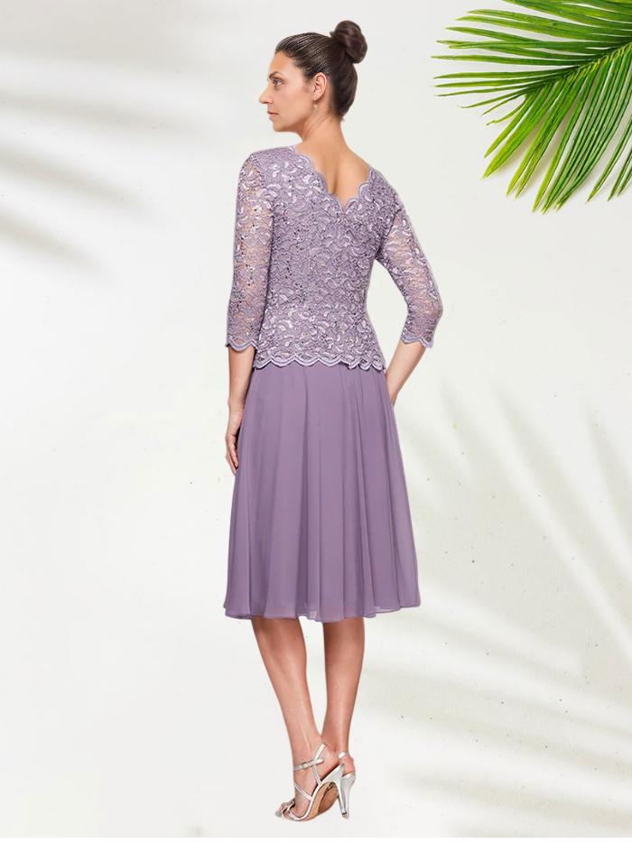 Trendy A-Line Scoop-neck 3/4 Length Sleeves Chiffon Tea-Length Mother of the Bride Dress