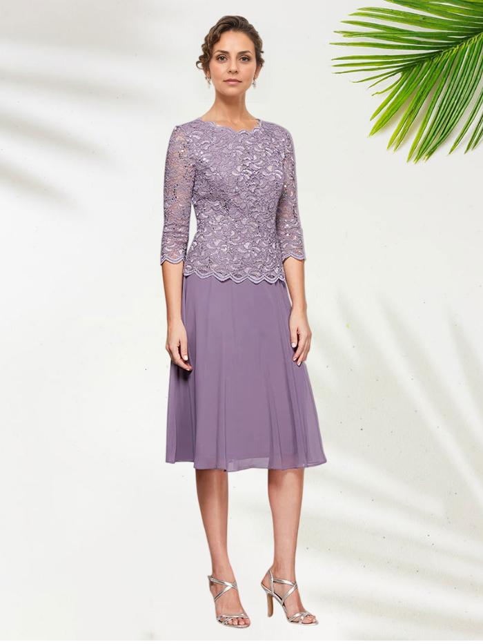 Trendy A-Line Scoop-neck 3/4 Length Sleeves Chiffon Tea-Length Mother of the Bride Dress