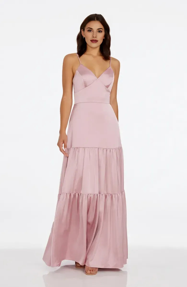 Trendy A-Line V Neck Sleeveless Satin Floor-Length Prom Dress