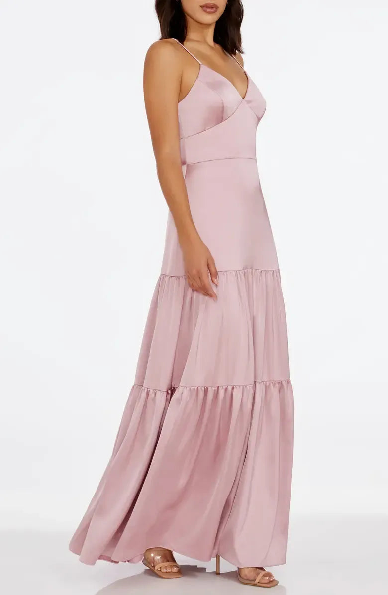 Trendy A-Line V Neck Sleeveless Satin Floor-Length Prom Dress