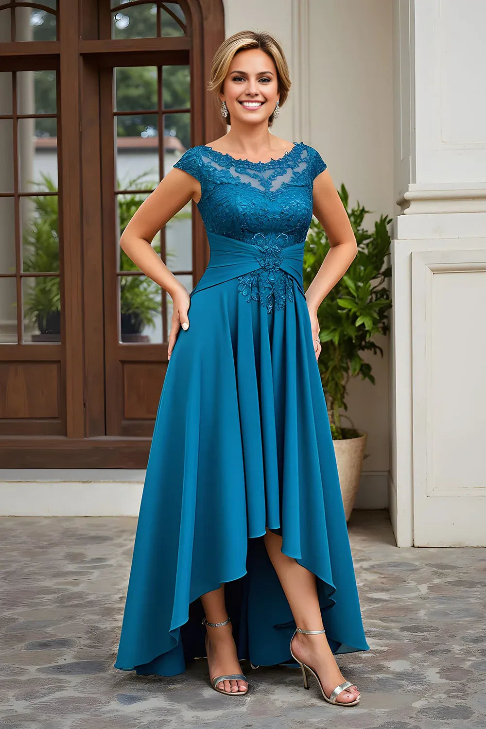 Trendy A Line Boat Neck Cap Sleeve Zipper Up Floor-Length Mother of the Bride Dress