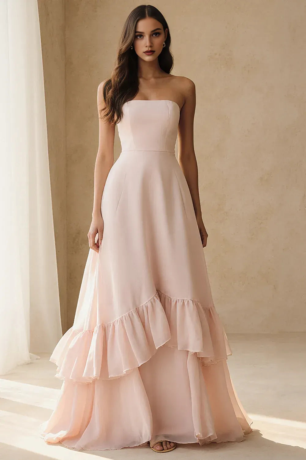 Trendy A Line Strapless Sleeveless Backless Ruffles Floor-Length Prom Dress