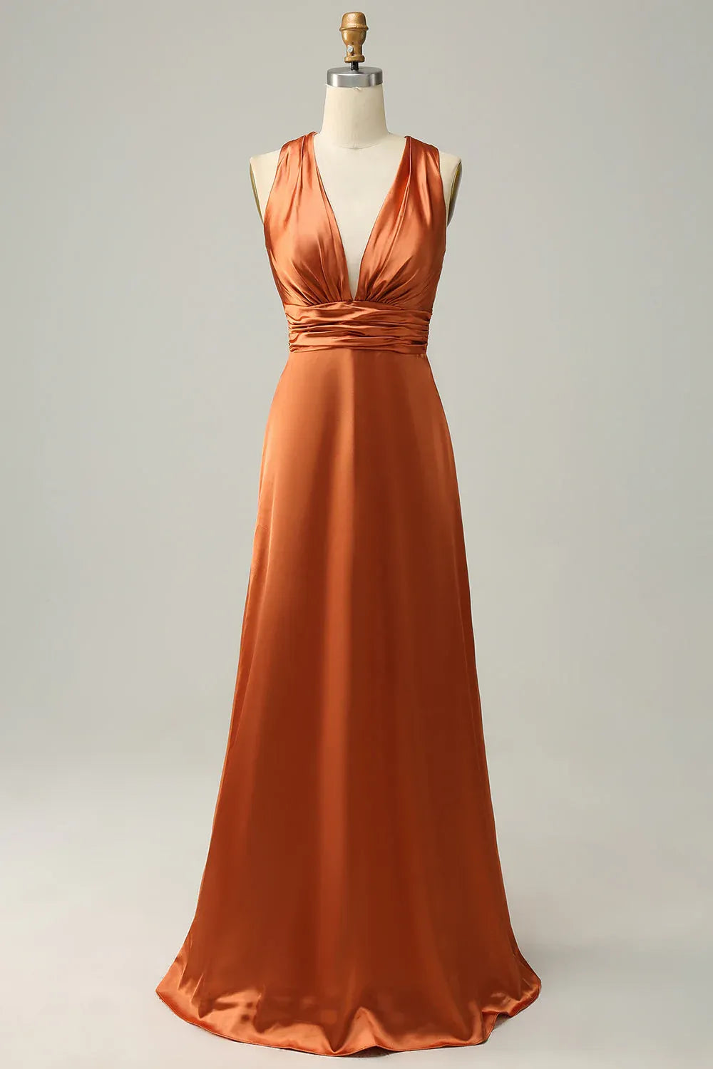 Trendy A Line V Neck Sleeveless Satin Ruched Floor-Length Prom Dress