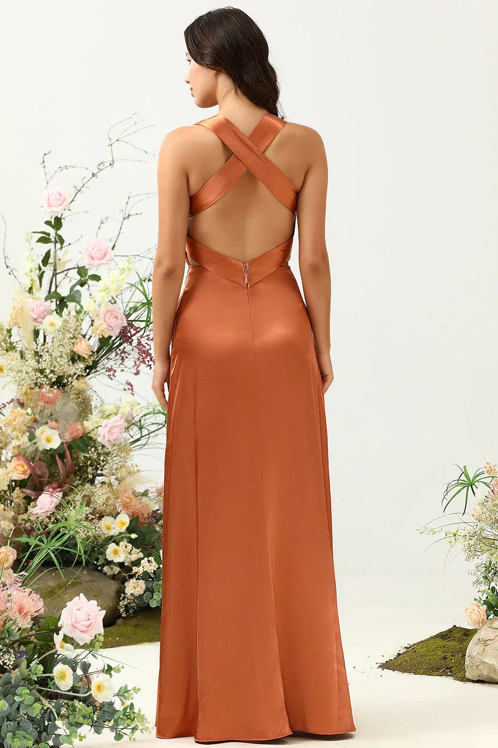 Trendy A Line V Neck Sleeveless Satin Ruched Floor-Length Prom Dress