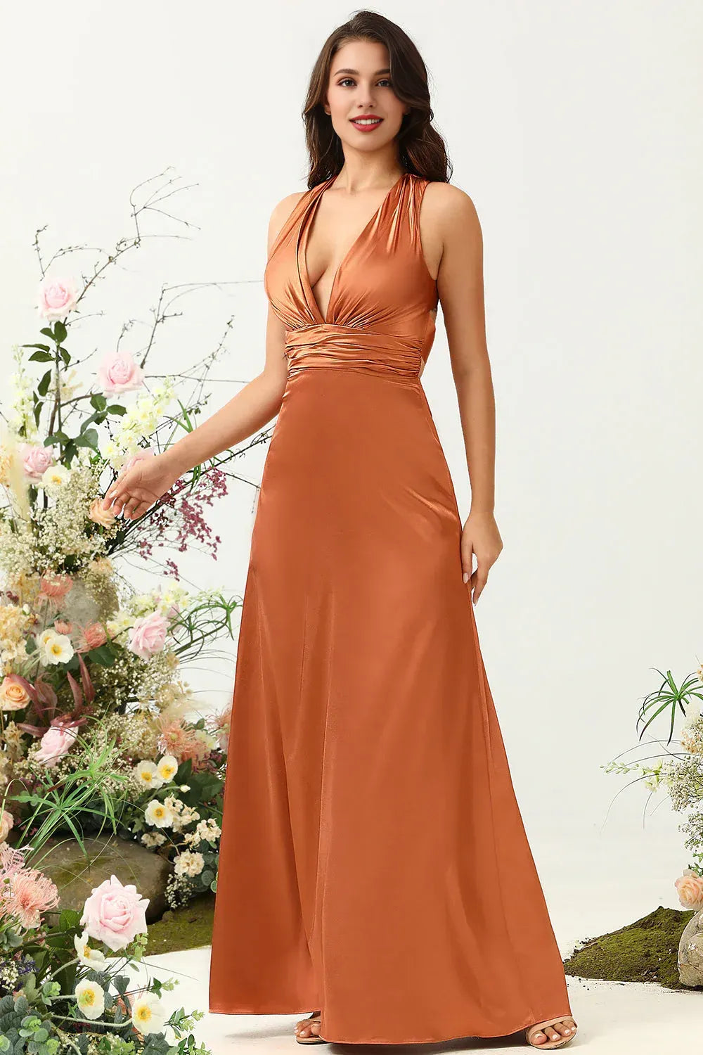 Trendy A Line V Neck Sleeveless Satin Ruched Floor-Length Prom Dress