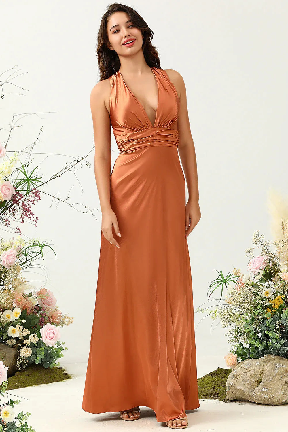 Trendy A Line V Neck Sleeveless Satin Ruched Floor-Length Prom Dress