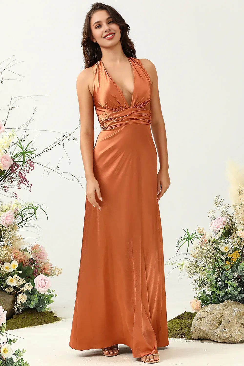 Trendy A Line V Neck Sleeveless Satin Ruched Floor-Length Prom Dress