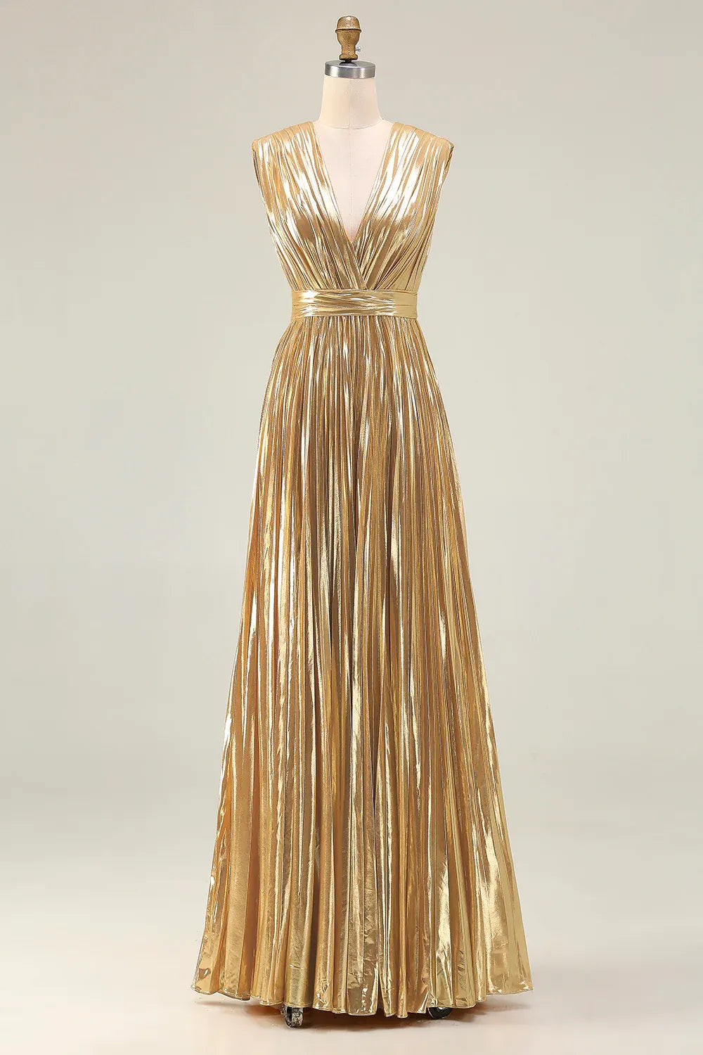 Trendy A Line V Neck Sleeveless Metallic Pleated Floor-Length Prom Dress
