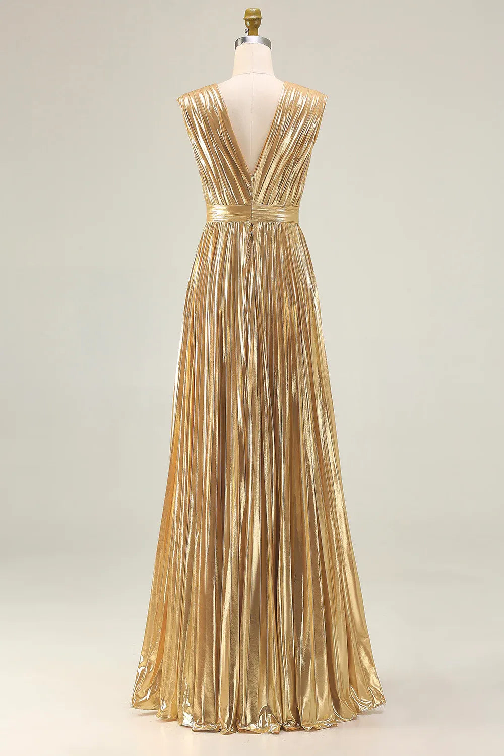 Trendy A Line V Neck Sleeveless Metallic Pleated Floor-Length Prom Dress