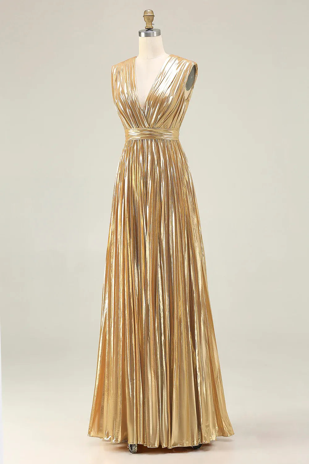 Trendy A Line V Neck Sleeveless Metallic Pleated Floor-Length Prom Dress