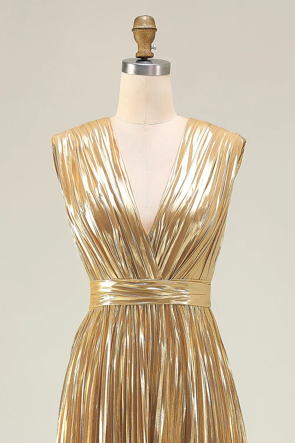Trendy A Line V Neck Sleeveless Metallic Pleated Floor-Length Prom Dress
