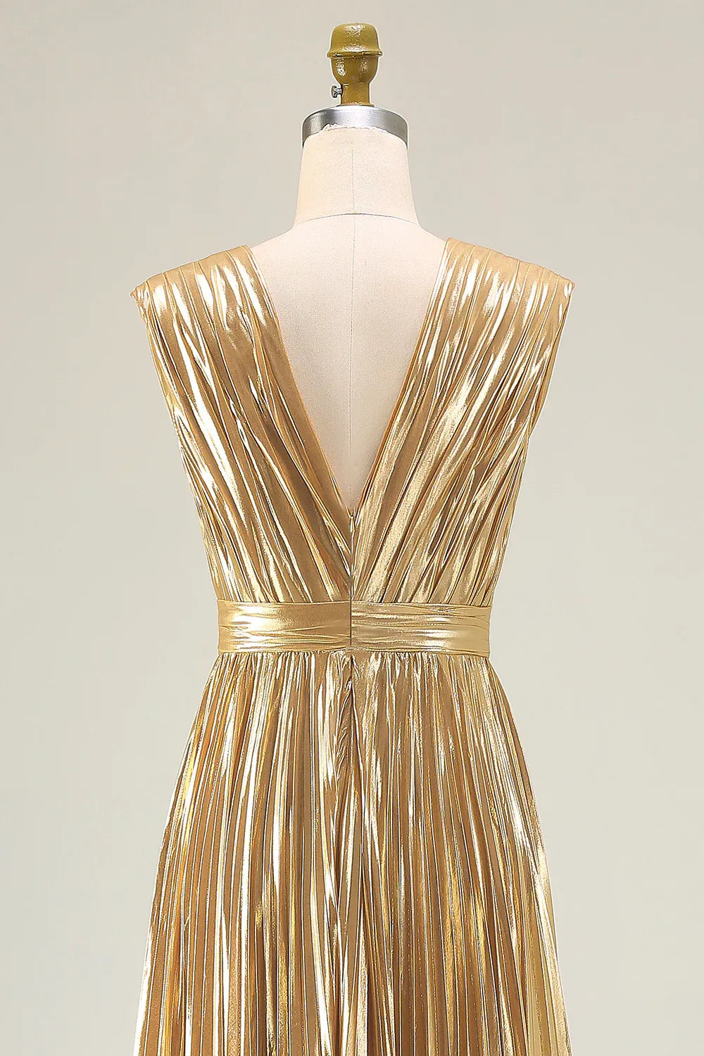 Trendy A Line V Neck Sleeveless Metallic Pleated Floor-Length Prom Dress