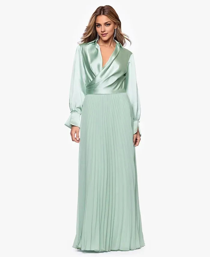 Trendy Column Collared Neck Long Sleeve Pleated Satin Floor-Length Prom Dress