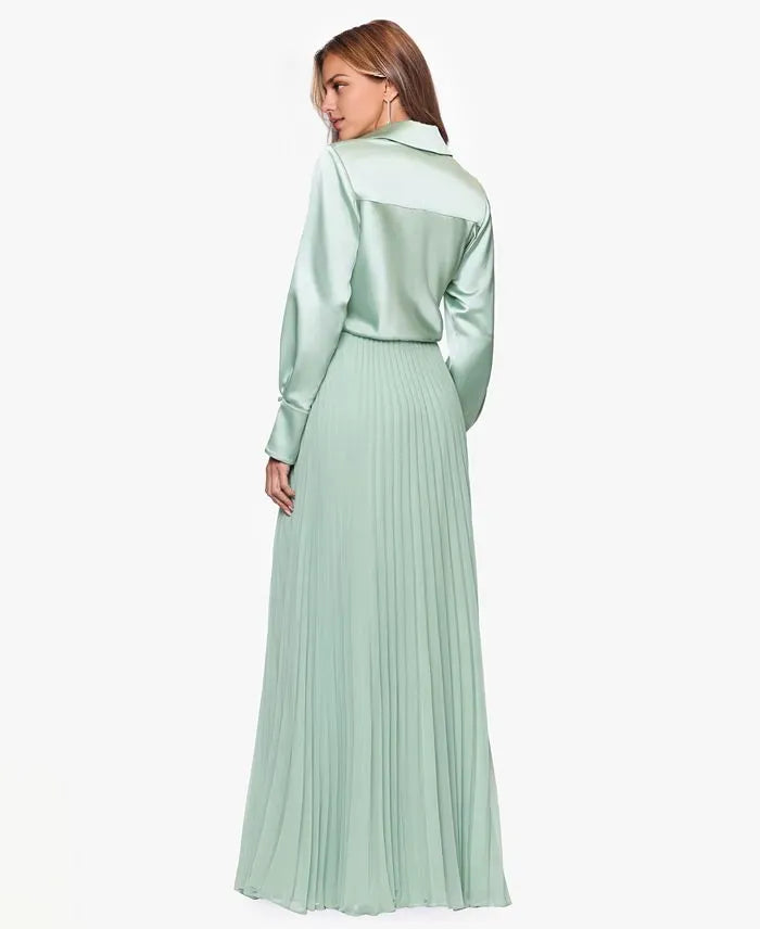 Trendy Column Collared Neck Long Sleeve Pleated Satin Floor-Length Prom Dress