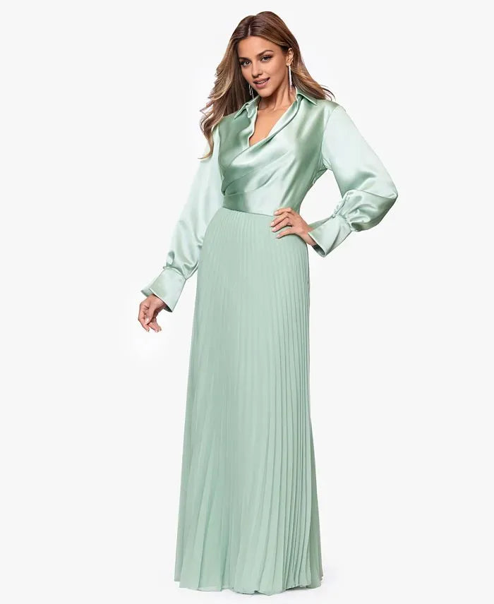 Trendy Column Collared Neck Long Sleeve Pleated Satin Floor-Length Prom Dress