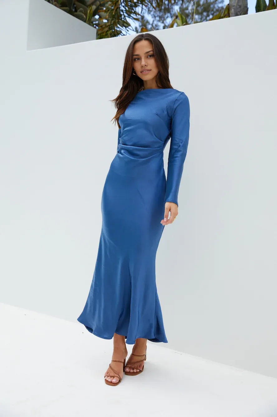 Trendy Fitted High Neck Long Sleeves Backless Floor-Length Cocktail Dress