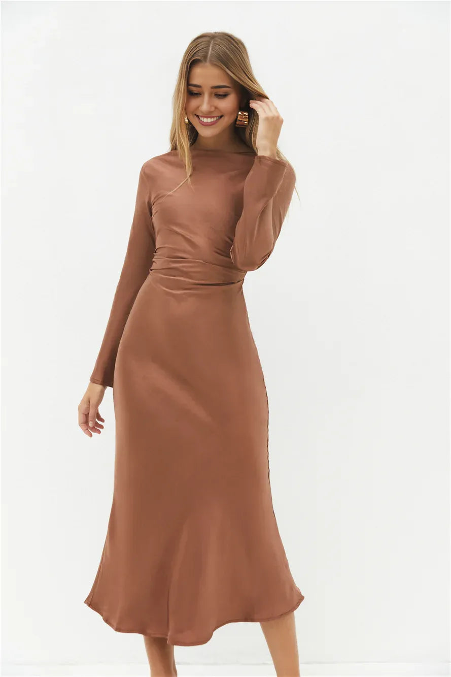 Trendy Fitted High Neck Long Sleeves Backless Floor-Length Cocktail Dress