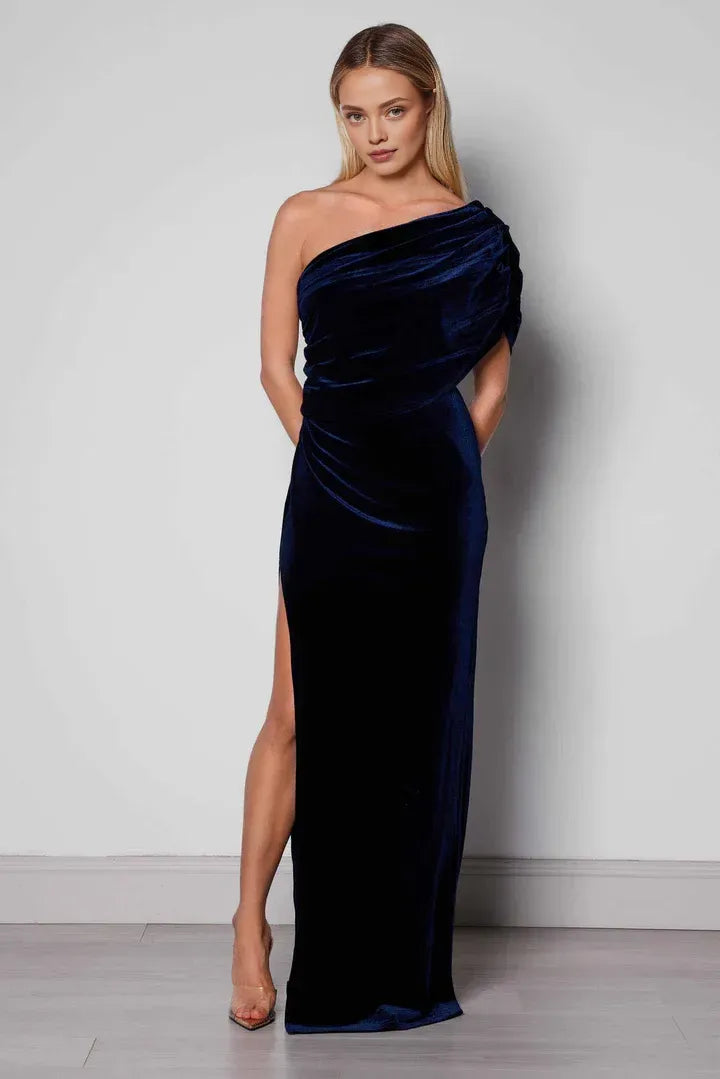 Trendy Fitted One Shoulder Sleeveless Velvet Floor-Length Prom Dress