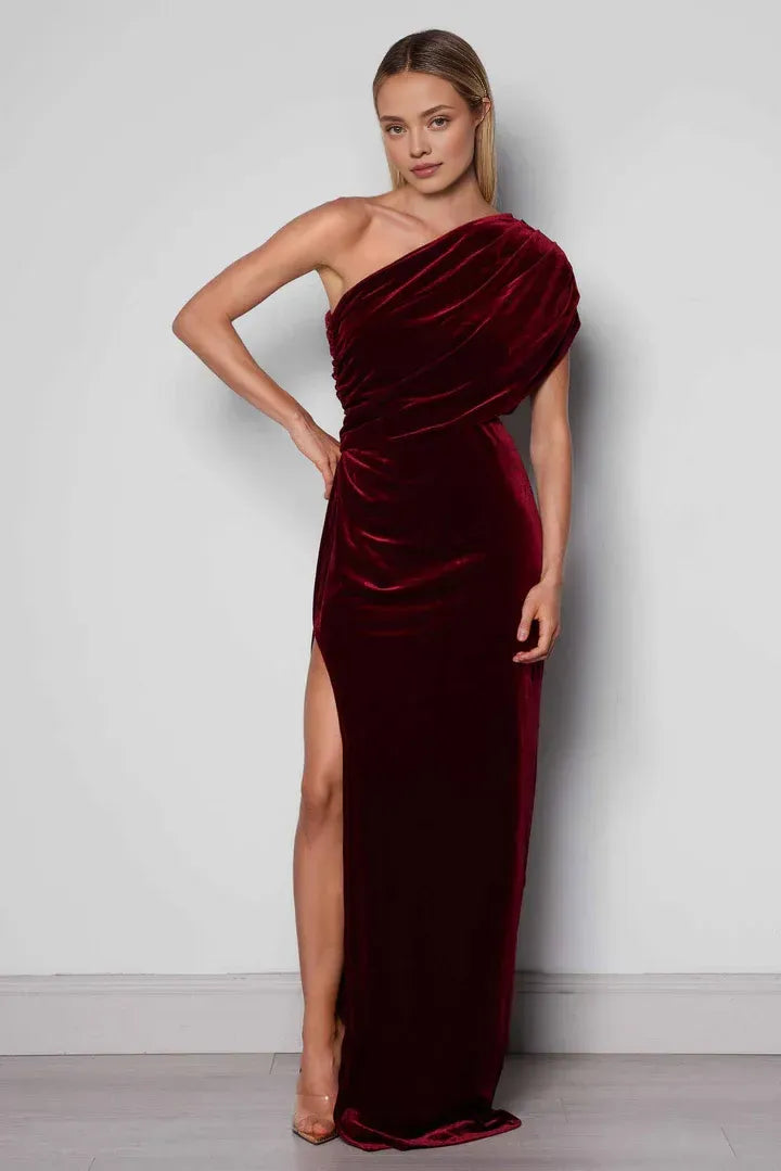 Trendy Fitted One Shoulder Sleeveless Velvet Floor-Length Prom Dress