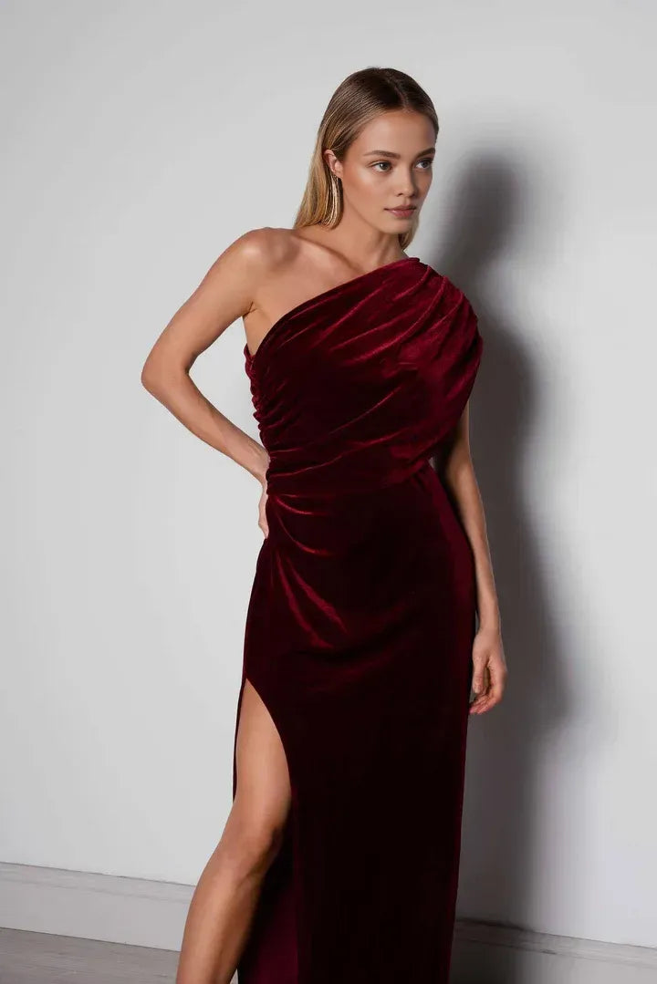 Trendy Fitted One Shoulder Sleeveless Velvet Floor-Length Prom Dress