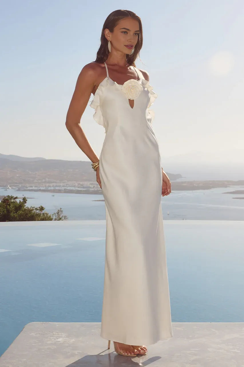 Trendy Fitted Spaghetti Straps Sleeveless Flower Satin Floor-Length Prom Dress