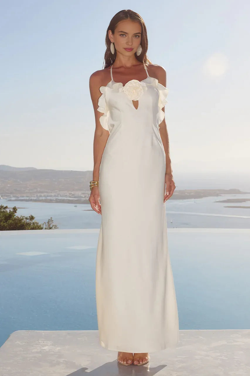 Trendy Fitted Spaghetti Straps Sleeveless Flower Satin Floor-Length Prom Dress