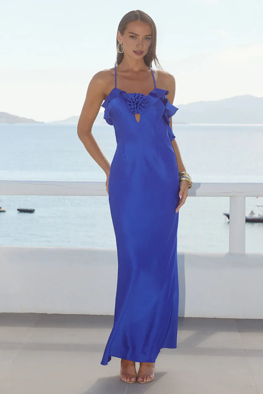 Trendy Fitted Spaghetti Straps Sleeveless Flower Satin Floor-Length Prom Dress